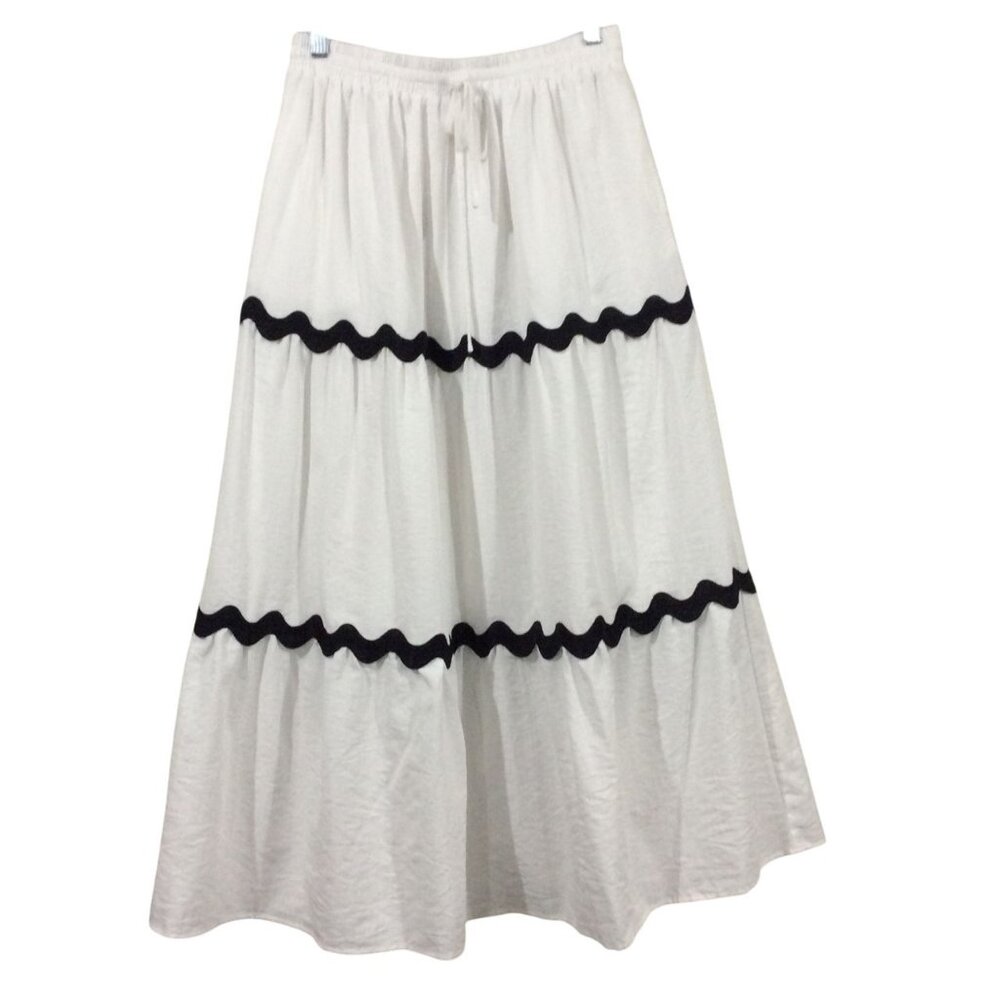 Chic Vintage Inspired White Black Rick Rack Trim Whimsical Feminine Maxi Skirt M